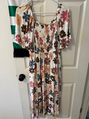 Hayden Floral Smocked Dress in Cream, Pink, Brown, Mustard